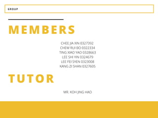 GROUP
MEMBERS
BEAUTY
It should be aesthetically
pleasing.
UTILITY
It should be suitable for the
purposes for which it is used.
CHEE JIA XIN 0327392
CHEW RUI BO 0322334
TING XIAO YAO 0328663
LEE SHI YIN 0324679
LEE FEI SYEN 0323008
KANG ZI SHAN 0327605
TUTOR
MR. KOH JING HAO
 