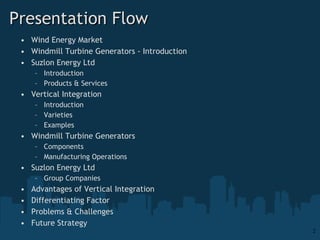 Presentation Flow Wind Energy Market Windmill Turbine Generators - Introduction Suzlon Energy Ltd Introduction Products & Services Vertical Integration Introduction Varieties Examples Windmill Turbine Generators Components Manufacturing Operations Suzlon Energy Ltd Group Companies Advantages of Vertical Integration Differentiating Factor Problems & Challenges Future Strategy 