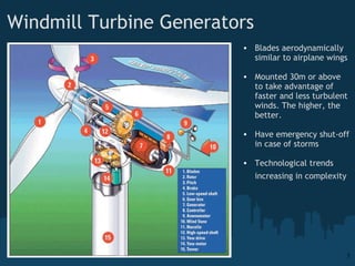 Windmill Turbine Generators Blades aerodynamically similar to airplane wings Mounted 30m or above to take advantage of faster and less turbulent winds. The higher, the better. Have emergency shut-off in case of storms Technological trends increasing in complexity   