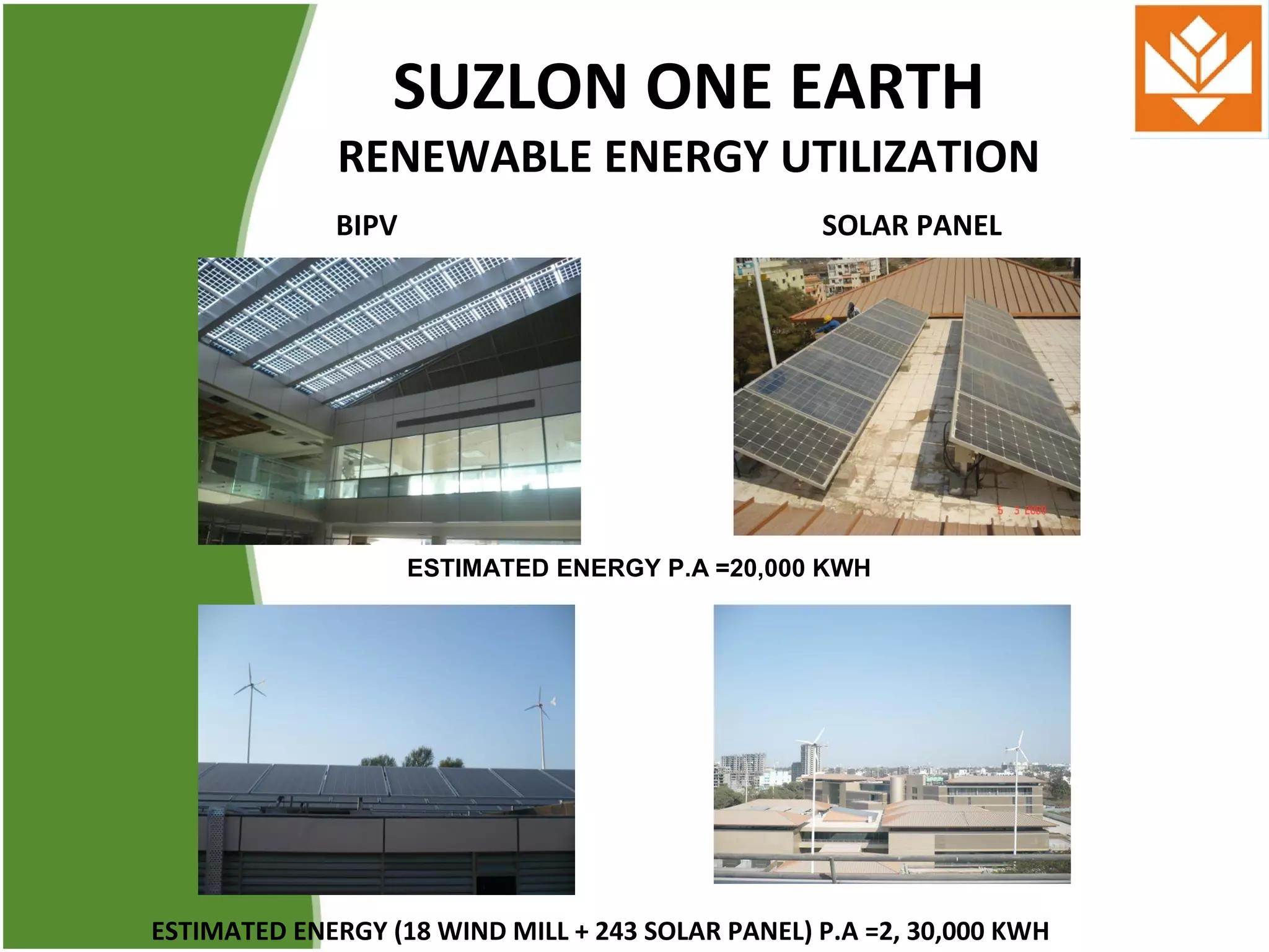 SUZLON ONE EARTH
              RENEWABLE ENERGY UTILIZATION
             BIPV                                 SOLAR PANEL




                    ESTIMATED ENERGY P.A =20,000 KWH




ESTIMATED ENERGY (18 WIND MILL + 243 SOLAR PANEL) P.A =2, 30,000 KWH
 