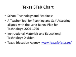 Texas STaR ChartSchool Technology and ReadinessA Teacher Tool for Planning and Self-Assessing aligned with the Long-Range Plan for Technology, 2006-1020Instructional Materials and Educational Technology Division Texas Education Agency  www.tea.state.tx.us/