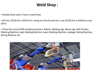 Weld Shop : 
• Initially there were 5 lines in weld shop 
• GE line, GT/GS line, UP/UZ line, swing arm line & tank line, now GT/GS line is shifted to new 
place 
• These line consist MIG welding machines, Robots, Welding Jigs, Revise Jigs, Belt Grinder, 
Washing Machine, Spot Welding Machine, Seam Welding Machine, Leakage Testing Machine, 
Boring Machine etc. 
 