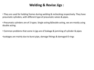 Welding & Revise Jigs : 
• They are used for holding frames during welding & rechecking respectively. They have 
pneumatic cylinders, with different type of pneumatic valves & pipes. 
• Pneumatic cylinders are of 2 types. Single acting &Double acting, we are mostly using 
double acting. 
• Common problems that come in jigs are of leakage & jamming of cylinder & pipes 
•Leakages are mainly due to burst pipe, damage fittings & damaged O rings 
 