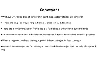 Conveyor : 
• We have Over Head type of conveyor in paint shop, abbreviated as OH conveyor 
• There are single conveyor for plastic line 1, plastic line 2 & tank line 
• There are 3 conveyor each for frame line 1 & frame line 2, which run in synchro mode 
• 3 Conveyor are used since different conveyor speed & type is required for different purposes 
• We use 2 type of overhead conveyor, power & free conveyor, & fixed conveyor. 
• Power & free conveyor are fast conveyor that carry & leave the job with the help of stopper & 
dog 
 