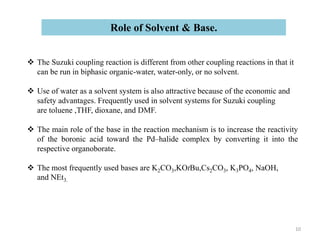  The Suzuki coupling reaction is different from other coupling reactions in that it
can be run in biphasic organic-water, water-only, or no solvent.
 Use of water as a solvent system is also attractive because of the economic and
safety advantages. Frequently used in solvent systems for Suzuki coupling
are toluene ,THF, dioxane, and DMF.
 The main role of the base in the reaction mechanism is to increase the reactivity
of the boronic acid toward the Pd–halide complex by converting it into the
respective organoborate.
 The most frequently used bases are K2CO3,KOtBu,Cs2CO3, K3PO4, NaOH,
and NEt3.
Role of Solvent & Base.
10
 