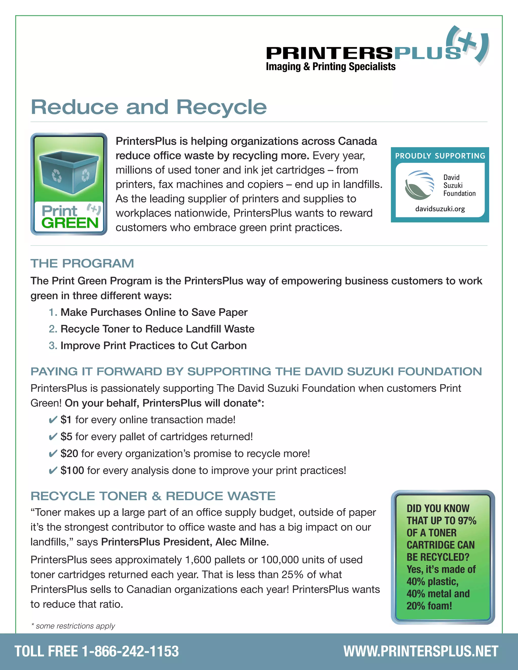 Toner Recycling Program PrintersPlus Print Green PDF