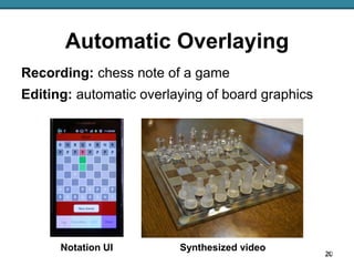 Automatic Overlaying
20
Recording: chess note of a game
Editing: automatic overlaying of board graphics
Notation UI Synthe...