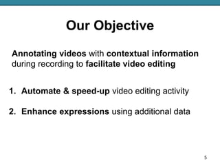 Our Objective
Annotating videos with contextual information
during recording to facilitate video editing
5
1. Automate & s...