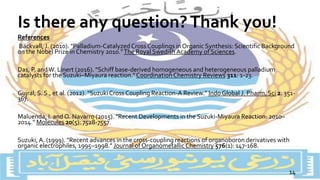 References
Bäckvall, J. (2010). "Palladium-CatalyzedCross Couplings inOrganic Synthesis: Scientific Background
on the Nobel Prize in Chemistry 2010."The Royal Swedish Academy of Sciences.
Das, P. andW. Linert (2016). "Schiff base-derived homogeneous and heterogeneous palladium
catalysts for the Suzuki–Miyaura reaction."CoordinationChemistry Reviews 311: 1-23.
Gujral, S. S., et al. (2012). "Suzuki Cross Coupling Reaction-A Review." Indo Global J. Pharm. Sci 2: 351-
367.
Maluenda, I. and O. Navarro (2015). "Recent Developments in the Suzuki-Miyaura Reaction: 2010–
2014." Molecules 20(5): 7528-7557.
Suzuki, A. (1999). "Recent advances in the cross-coupling reactions of organoboron derivatives with
organic electrophiles, 1995–1998." Journal of OrganometallicChemistry 576(1): 147-168.
Is there any question?Thank you!
14
 