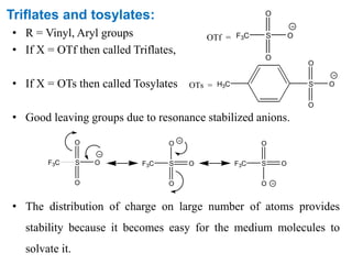Triflates and tosylates:
• R = Vinyl, Aryl groups
• If X = OTf then called Triflates,
• If X = OTs then called Tosylates
• Good leaving groups due to resonance stabilized anions.
• The distribution of charge on large number of atoms provides
stability because it becomes easy for the medium molecules to
solvate it.
OTf = F3C S
O
O
O
OTs = S
O
O
OH3C
F3C S
O
O
O F3C S
O
O
O F3C S
O
O
O
 