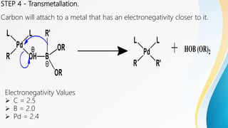 STEP 4 - Transmetallation.
Carbon will attach to a metal that has an electronegativity closer to it.
Electronegativity Values
 C = 2.5
 B = 2.0
 Pd = 2.4
 