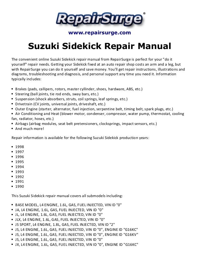 Suzuki sidekick repair manual 1990 1998