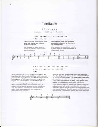Tonalization

                                                              l':|t)t4>3>
                                             Tonalisation            Tonfiihrung             Sonidizaci6n


                                           (){o         l-Fiila)filt?li.':..7'va-/-v             t'Flif     6 t e
                                          t:t[i       tt c h 6") (fii v       7->)

                        (This exercisein G minor should be taught                  (Diese Ubung in G-Moll sollte sur gleichen
                        in the same time the child is studying                     Zeit gelehrt werden, wenn dus Kind Bourrde
                        the Bourr6e of Hiindel.)                                   von Hiindel studiert.)

                        (Cet exercice en sol mineur devrqit €tre                   (Este ejercicio en sol menor debe ser enseflado
                        enseignt au moment oi l'enfant Atudiela                    al mismo tiempo que el nifro est6 estudiando la
                        Bourrde de Hcindel.)                                       Chamarascade Hiindel)




                                          tfi,!;. talfrlj(ie(f6Ht,'              ( 3olfrb,!h")+fv,rhT)

                                           stltiaf.          3al?2lsir:t             t?Ialgt:$tff3rf

                                           6 *i i?.

This is the first time the lowered first finger is used. When this                   Dies ist dus erste Mal, duss der gesenkte erste Finger benutzt wird,
finger is placed on the stringo the third finger has the tendency to                 Wenn dieser Finger an die Suite gesetzt wird, so hat der dritte Finger
pull back out of proper placement, toward the first finger. To avoid                 die Tendeng, von seiner korrekten Lage und nuch dem ersten Finger
this, try playing the following exercise silently. Keep the third                    zurilckzuziehen. [Im dies zu vermeiden, versuche, die folgende
finger in place as the first finger moves back from Bi to Bb.                        tibung luutlos 7,uspielen. Halte den dritten Finger un seiner Stelle,
                                                                                     wiihrend der erste Finger sich vun H nach B zuriickbewegL
C'est la premidre fois que le premier doigt reculd est utilis6.
Quand ce doigt descend sur la corde, le troisiime doigt a une                         Esta es primera vez que se usa el primer dedo bemolado' Cuando este
tendance de reculer aussi de sa position correcte, vers le premier                    dedo est6 colocado en la cuerda, el tercer dedo tiene tendencia de
doigt. Pour |viter ceci, essayer de jour I'exercice suivante en                       quitarse de la posici6n correcta, por moverse hacia el primer dedo. Para
silence. Gqrder le troisiime doigt en place pendant que le                            evitar 6ste trate de ejecutar el ejercicio siguiente en silencio. Mantenga
premier doigt recule de sid sib.                                                     el tercer dedo en su lugar mientras el primer dedo retorna de si ! a si b.


                                                  S           r           g           r
 