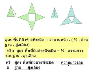 สูตร พื้นที่ผิวข้างพีระมิด  =  จำนวนหน้า  x  (  ½  x   ด้านฐาน  x   สูงเอียง ) หรือ  สูตร พื้นที่ผิวข้างพีระมิด  = ½  x   ความยาวรอบฐาน  x   สูงเอียง สูตร พื้นที่ผิวข้างพีระมิด  =   ความยาวรอบฐาน    สูงเอียง 2 หรือ 