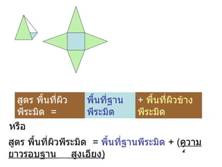 สูตร พื้นที่ผิวพีระมิด  =   พื้นที่ฐานพีระมิด +  พื้นที่ผิวข้างพีระมิด หรือ สูตร พื้นที่ผิวพีระมิด  =   พื้นที่ฐานพีระมิด   + ( ความยาวรอบฐาน    สูงเอียง ) 2 
