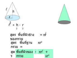 h 2 r 2 + 2 = r h สูตร  พื้นที่ผิวข้างของกรวย =    r สูตร  พื้นที่ฐานกรวย  =  =  r +    r 2 พื้นที่ผิวของกรวย  สูตร  r 2 
