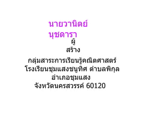 กลุ่มสาระการเรียนรู้คณิตศาสตร์ โรงเรียนชุมแสงชนูทิศ ตำบลพิกุล อำเภอชุมแสง  จังหวัดนครสวรรค์  60120  นายวานิตย์  นุชดารา ผู้สร้าง 