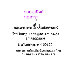 กลุ่มสาระการเรียนรู้คณิตศาสตร์ โรงเรียนชุมแสงชนูทิศ ตำบลพิกุล อำเภอชุมแสง  จังหวัดนครสวรรค์  60120  นายวานิตย์  นุชดารา ผู้สร้าง แสดงความคิดเห็น ข้อเสนอแนะ โดยไปรษณียบัตรก็ได้ ขอบคุณ 