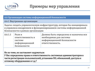 Примеры мер управления
A.6 Организация системы информационной безопасности
A.6.1 Внутренняя организация
Задача: создать управленческую инфраструктуру, которая бы инициировала
и управляла внедрением и функционированием системы информационной
безопасности в рамках организации
A.6.1.1 Роли и
ответственность в
системе
информационной
безопасности
Должна быть определена и назначена вся
необходимая для системы
информационной безопасности
ответственность.
Не по теме, но заставляет задуматься:
У Вас определены права и ответственность системных администраторов в
части регистрации пользователей, установки ПО, обновлений, доступа к
сетевому оборудованию и т.д.?
29
 