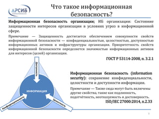 Что такое информационная
безопасность?
ИНФОРМАЦИЯ
Доступность
Информационная безопасность (information
security): сохранение конфиденциальности,
целостности и доступности информации.
Примечание — Также сюда могут быть включены
другие свойства, такие как подлинность,
подотчётность, неотказуемость и достоверность.
ISO/IEC 27000:2014, п.2.33
Информационная безопасность организации; ИБ организации: Состояние
защищенности интересов организации в условиях угроз в информационной
сфере.
Примечание — Защищенность достигается обеспечением совокупности свойств
информационной безопасности — конфиденциальностью, целостностью, доступностью
информационных активов и инфраструктуры организации. Приоритетность свойств
информационной безопасности определяется значимостью информационных активов
для интересов (целей) организации.
ГОСТ Р 53114-2008, п. 3.2.1
3
 