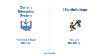 You read & hear
Stories
You are
the Story
sv.co/apply
Current
Education
System
#StartInCollege
 