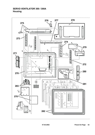 SERVO VENTILATOR 300 / 300A
Housing



                                      276       277          278
        275




  273
                                                      274

                                                                              279

271




                                                                              272

                                                        LOCTITE
                                                          222                 280
 270


                       K
                 xxx   xxx   xxx
                                                                              281
 283             xxx
                 xxx
                 xxx
                       xxx
                       xxx
                       xxx
                             xxx
                             xxx
                             xxx




270




                                   282




                                   07.05.2002                     Picture for Page:   52
 