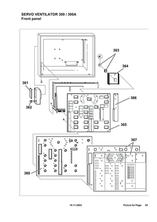 SERVO VENTILATOR 300 / 300A
Front panel




                                          363
                                    K

                                    xxx
                                    xxx

                                                364



361



                                                       366

  362



                                                365



                                                        367




 360




                       19.11.2002                Picture for Page:   55
 