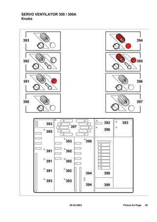 SERVO VENTILATOR 300 / 300A
Knobs




393                                                         394




392                                                         395




391                                                         396




390                                                         397




            393                           392   393
                        397
                                          390
            395

                     393            396

            391      392

            391      392

            391      392
                                    394   390

            393      393
                                    394   390




                       28.04.2003               Picture for Page:   56
 
