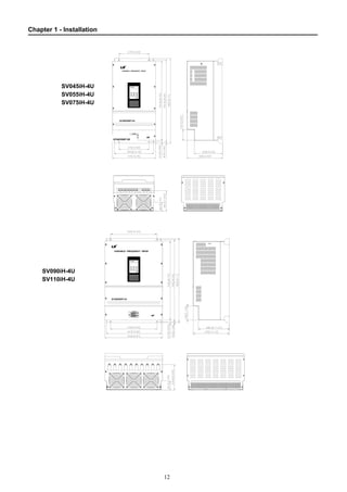 Chapter 1 - Installation
12
VARIABLE FREQUENCY DRIVE
STARVERT-iH
VARIABLE FREQUENCY DRIVE
STARVERT-iH
STARVERT-IH
SV045iH-4U
SV055iH-4U
SV075iH-4U
SV090iH-4U
SV110iH-4U
 