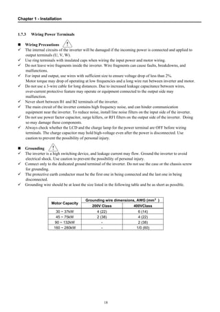 Chapter 1 - Installation
18
1.7.3 Wiring Power Terminals
Wiring Precautions
The internal circuits of the inverter will be damaged if the incoming power is connected and applied to
output terminals (U, V, W).
Use ring terminals with insulated caps when wiring the input power and motor wiring.
Do not leave wire fragments inside the inverter. Wire fragments can cause faults, breakdowns, and
malfunctions.
For input and output, use wires with sufficient size to ensure voltage drop of less than 2%.
Motor torque may drop of operating at low frequencies and a long wire run between inverter and motor.
Do not use a 3-wire cable for long distances. Due to increased leakage capacitance between wires,
over-current protective feature may operate or equipment connected to the output side may
malfunction.
Never short between B1 and B2 terminals of the inverter.
The main circuit of the inverter contains high frequency noise, and can hinder communication
equipment near the inverter. To reduce noise, install line noise filters on the input side of the inverter.
Do not use power factor capacitor, surge killers, or RFI filters on the output side of the inverter. Doing
so may damage these components.
Always check whether the LCD and the charge lamp for the power terminal are OFF before wiring
terminals. The charge capacitor may hold high-voltage even after the power is disconnected. Use
caution to prevent the possibility of personal injury.
Grounding
The inverter is a high switching device, and leakage current may flow. Ground the inverter to avoid
electrical shock. Use caution to prevent the possibility of personal injury.
Connect only to the dedicated ground terminal of the inverter. Do not use the case or the chassis screw
for grounding.
The protective earth conductor must be the first one in being connected and the last one in being
disconnected.
Grounding wire should be at least the size listed in the following table and be as short as possible.
Grounding wire dimensions, AWG (mm²)
Motor Capacity
200V Class 400VClass
30 ~ 37kW 4 (22) 6 (14)
45 ~ 75kW 2 (38) 4 (22)
90 ~ 132kW - 2 (38)
160 ~ 280kW - 1/0 (60)
 
