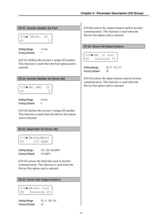 Chapter 5 - Parameter Description (I/O Group)
77
I/O 61: Inverter Number for Fnet
I/O▶ FN:St. ID
61 1
Setting Range: 1 to 63
Factory Default: 1
[I/O 61] defines the inverter’s unique ID number.
This function is used when the Fnet option card is
selected.
I/O 62: Inverter Number for Device Net
I/O▶DN: MAC ID
62 0
Setting Range: 0 to 63
Factory Default: 0
[I/O 62] defines the inverter’s unique ID number.
This function is used when the Device Net option
card is selected.
I/O 63: Baud Rate for Device Net
I/O▶DN:BaudRate
63 125 kBPS
Setting Range: 125, 250, 500 kBPS
Factory Default: 125 kBPS
[I/O 63] selects the baud rate used in inverter
communication. This function is used when the
Device Net option card is selected.
I/O 64: Device Net Output Instance
I/O▶DN:Out Inst
64 Instance 20
Setting Range: 20, 21, 100, 101
Factory Default: 20
[I/O 64] selects the output instance used in inverter
communication. This function is used when the
Device Net option card is selected.
I/O 65: Device Net Input Instance
I/O▶DN: In Inst
65 Instance 70
Setting Range: 70, 71, 110, 111
Factory Default: 70
[I/O 65] selects the input instance used in inverter
communication. This function is used when the
Device Net option card is selected.
 