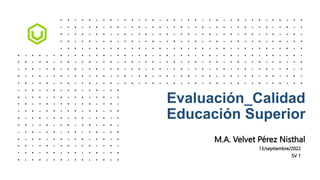 Evaluación_Calidad
Educación Superior
M.A. Velvet Pérez Nisthal
13/septiembre/2022
SV 1
 