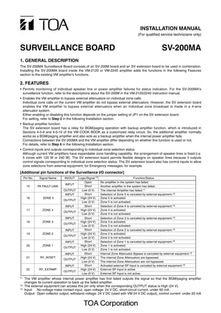 INSTALLATION MANUAL
                                                                                  (For qualified service technicians only)


SURVEILLANCE BOARD                                                                                  SV-200MA
1. GENERAL DESCRIPTION
The SV-200MA Surveillance Board consists of an SV-200M board and an SV extension board to be used in combination.
Installing the SV-200MA board inside the VM-2120 or VM-2240 amplifier adds the functions in the following Features
section to the existing VM amplifier's functions.

2. FEATURES
• Permits monitoring of individual speaker line or power amplifier failures for status indication. For the SV-200MA's
  surveillance function, refer to the descriptions about the SV-200M in the VM-2120/2240 instruction manual.
• Enables the VM amplifier to bypass external attenuators on individual zone calls.
  Individual zone calls on the current VM amplifier do not bypass external attenuators. However, the SV extension board
  enables the VM amplifier to bypass external attenuators when an individual zone broadcast is made in a 4-wire
  attenuator system.
  Either enabling or disabling this function depends on the jumper setting of JP1 on the SV extension board.
  For setting, refer to Step 2 in the following Installation section.
• Backup amplifier function
  The SV extension board has a relay for BGM/paging operation with backup amplifier function, which is introduced in
  Sections 4-5-9 and 4-5-10 of the VM COOK BOOK as a customized relay circuit. So, the additional amplifier normally
  works as a BGM/paging amplifier and also acts as a backup amplifier when the internal power amplifier fails.
  Connections between the SV-200MA and the VM amplifier differ depending on whether this function is used or not.
  For details, refer to Step 6 in the following Installation section.
• Control inputs and outputs corresponding to individual zone selection status
  Although current VM amplifiers have expandable zone handling capability, the arrangement of speaker lines is fixed (i.e.
  5 zones with 120 W or 240 W). The SV extension board permits flexible designs on speaker lines because it outputs
  control signals corresponding to individual zone selection status. The SV extension board also has control inputs to allow
  zone selections from external equipment, for Emergency messages, for example.

[Additional pin functions of the Surveillance I/O connector]
  Pin No.    Signal Name      IN/OUTLogic/Signal *3                             Function/Status
                                        Open          No amplifier in the system has failed.
                              INPUT
    15      PA FAULT LINK               Short         Another amplifier in the system has failed.
                             OUTPUT   Low (0 V)       The internal Amplifier has failed.*1
                              INPUT     Short         Selection of Zone 5 is canceled by external equipment.*2
    16         ZONE 5                High (24 V)      Zone 5 is activated.
                             OUTPUT
                                      Low (0 V)       Zone 5 is not activated.
                              INPUT     Short         Selection of Zone 4 is canceled by external equipment.*2
    17         ZONE 4                High (24 V)      Zone 4 is activated.
                             OUTPUT
                                      Low (0 V)       Zone 4 is not activated.
                              INPUT     Short         Selection of Zone 3 is canceled by external equipment.*2
    18         ZONE 3                High (24 V)      Zone 3 is activated.
                             OUTPUT
                                      Low (0 V)       Zone 3 is not activated.
                              INPUT     Short         Selection of Zone 2 is canceled by external equipment.*2
    19         ZONE 2                High (24 V)      Zone 2 is activated.
                             OUTPUT
                                      Low (0 V)       Zone 2 is not activated.
                              INPUT     Short         Selection of Zone 1 is canceled by external equipment.*2
    20         ZONE 1                High (24 V)      Zone 1 is activated.
                             OUTPUT
                                      Low (0 V)       Zone 1 is not activated.
                              INPUT     Short         Internal Zone Attenuator Bypass is canceled by external equipment.*2
    21       RY_INTATT               High (24 V)      The internal Zone Attenuators are bypassed.
                             OUTPUT
                                      Low (0 V)       The internal Zone Attenuators are not bypassed.
                              INPUT     Short         Activated external SP Input is canceled by external equipment.*2
    22       RY_EXTAMP               High (24 V)      External SP Input is active.
                             OUTPUT
                                      Low (0 V)       External SP Input is not active.
*1 The VM amplifier whose internal power amplifier has first failed outputs the signal so that the BGM/paging amplifier
   changes its current operation to back up the failed amplifier.
*2 The external equipment can access this pin only when the corresponding OUTPUT status is High (24 V).
*3 Input: No-voltage make contact input, open voltage: 24 V DC, short-circuit current: under 60 mA
   Output: Open collector output, withstand voltage: 24 V DC (used with VM 24 V DC output), control current: under 20 mA
 