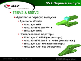 SV2  Первый выпуск 75SV2 & 85SV2  Адаптеры первого выпуска Адаптеры  Whisler 75SV2  для  WH8 75SV2 & 85SV2  для  WH10 85SV2  для  WH12 Привариваемые   Адаптеры 75SV2  для  4” HFS/ Е   (экскаваторы)  75SV2 & 85SV2  для  4.75” HFS/E  (экскаваторы)  85SV2  для  5.50” HFS/E  (экскаваторы)  75SV2  для  4.75” FEL  (погрузчики) 