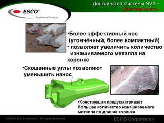 Достоинство Системы  SV2 –   Долговечность  Более   эффективный   нос   ( утончённый ,  более   компактный ) позволяет увеличить количество изнашиваемого металла на  коронке Скошенные углы позволяют  уменьшить износ   Конструкция предусматривает большее количество изнашиваемого металла по длинне коронки 