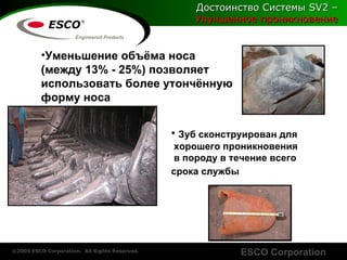Достоинство Системы  SV2 –   Улучшенное проникновение Уменьшение объёма носа   ( между  13% - 25%)   позволяет  использовать более утончённую форму носа Зуб сконструирован для хорошего проникновения в породу в течение всего срока службы   