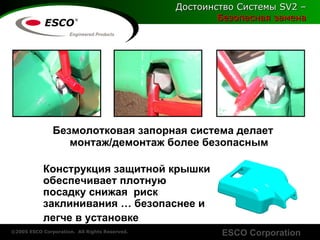 Безмолотковая запорная система делает монтаж/демонтаж более безопасным Достоинство Системы  SV2 –   Безопасная замена Конструкция защитной крышки   обеспечивает плотную посадку   снижая  риск заклинивания  …  безопаснее и  легче в установке 