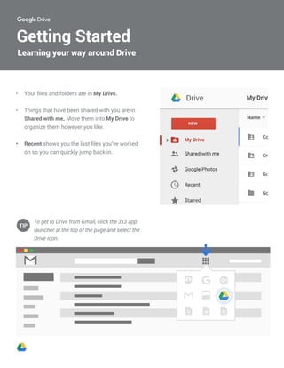 Getting Started
Learning your way around Drive
•	 Your files and folders are in My Drive.
•	 Things that have been shared with you are in
Shared with me. Move them into My Drive to
organize them however you like.
•	 Recent shows you the last files you’ve worked
on so you can quickly jump back in.
To get to Drive from Gmail, click the 3x3 app
launcher at the top of the page and select the
Drive icon.
TIP
 