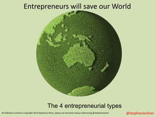 @stephanievilnerAll slideshare content is copyright 2013 Stephanie Vilner, please use and share always referencing @stephanievilner
The 4 entrepreneurial types
Entrepreneurs will save our World
 