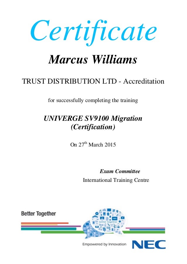 SV9100 Migration Certificate