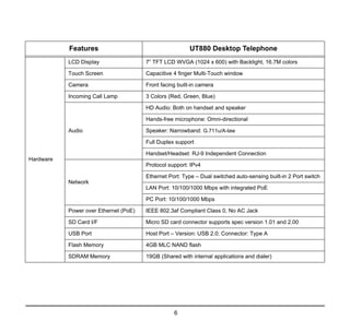 6
1.
Hardware
LCD Display 7” TFT LCD WVGA (1024 x 600) with Backlight, 16.7M colors
Touch Screen Capacitive 4 finger Multi-Touch window
Camera Front facing built-in camera
Incoming Call Lamp 3 Colors (Red, Green, Blue)
Audio
HD Audio: Both on handset and speaker
Hands-free microphone: Omni-directional
Speaker: Narrowband: G.711u/A-law
Full Duplex support
Handset/Headset: RJ-9 Independent Connection
Network
Protocol support: IPv4
Ethernet Port: Type – Dual switched auto-sensing built-in 2 Port switch
LAN Port: 10/100/1000 Mbps with integrated PoE
PC Port: 10/100/1000 Mbps
Power over Ethernet (PoE) IEEE 802.3af Compliant Class 0, No AC Jack
SD Card I/F Micro SD card connector supports spec version 1.01 and 2.00
USB Port Host Port – Version: USB 2.0; Connector: Type A
Flash Memory 4GB MLC NAND flash
SDRAM Memory 19GB (Shared with internal applications and dialer)
Features UT880 Desktop Telephone
 