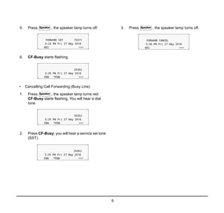 9
1.
5. Press , the speaker lamp turns off.
6. CF-Busy starts flashing.
• Cancelling Call Forwarding (Busy Line)
1. Press , the speaker lamp turns red.
CF-Busy starts flashing. You will hear a dial
tone.
2. Press CF-Busy, you will hear a service set tone
(SST).
3. Press , the speaker lamp turns off.
Speaker
Speaker
Speaker
 