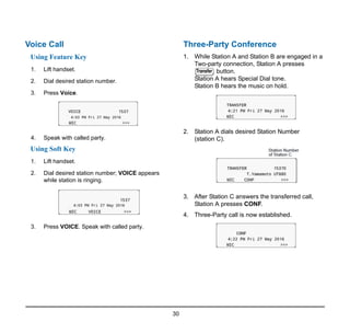 30
Voice Call
Using Feature Key
1. Lift handset.
2. Dial desired station number.
3. Press Voice.
4. Speak with called party.
Using Soft Key
1. Lift handset.
2. Dial desired station number; VOICE appears
while station is ringing.
3. Press VOICE. Speak with called party.
Three-Party Conference
1. While Station A and Station B are engaged in a
Two-party connection, Station A presses
button.
Station A hears Special Dial tone.
Station B hears the music on hold.
2. Station A dials desired Station Number
(station C).
3. After Station C answers the transferred call,
Station A presses CONF.
4. Three-Party call is now established.
Transfer
 
