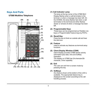 3
1.
Keys And Parts
UT880 Multiline Telephone
(1) Call Indicator Lamp
The lamp at the top corner of the UT880 MLC
Display flashes when a call terminates to the
terminal, or when a message has been left. On
the SV9500, this lamp flashes fast when a call
terminates to the terminal and either flashes
slower or remains lit when a message has been
left.
(2) Programmable Keys
These keys can be programmed as Flexible Line
keys or Programmable Feature keys by PCPro.
(3) Recall Key
Press the key to finish an outside call and hear
the dial tone.
(4) Feature
Used to activate any features as terminal setup
functions.
(5) Client Display Window (CDW)
Client Display provides UT880 Series activity
information plus data, time and Softkey
Operation.
The display on UT880 has 24-character/28-
character, 3-line capability.
(6) Exit
The user can exit from a screen mode by
pressing this key.
(7) Softkeys
Any feature shown at the bottom of the LCD is
available. The appropriate feature key is
displayed on the screen according to the call
handling process.
(20) (6) (1)
(2)
(8)
(5)
(7)
(9)
(12)
(11)
(10)
(19)
(15) (14) (16) (3) (4)
(13) (17) (18)
 