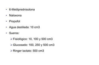 • 6-Metilprednisolona
• Naloxona
• Propofol
• Agua destilada: 10 cm3
• Sueros:
 Fisiológico: 10, 100 y 500 cm3
 Glucosado: 100, 250 y 500 cm3
 Ringer lactato: 500 cm3

 