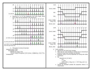 clk 1 2 3 4 5 6 7 8 9 10 11 12 13 14
e1
e2
e1 and e2
• Sequence or: or of two sequences with time range. When
first_match will be asserted in this sequence?
clk 1 2 3 4 5 6 7 8 9 10 11 12 13 14
e1
e2
e3
e4
e5
e1 ##[1:5] e2
e3 ##2 e4 ##2 e5
(e1 ##[1:5] e2) or
(e3 ##2 e4 ##2 e5)
• Throughout construct example
sequence burst_rule1;
@(posedge mclk)
$fell(burst_mode) ##0
(!burst_mode) throughout (##2 ((trdy==0)&&(irdy==0)) [*7]);
endsequence
mclk 1 2 3 4 5 6 7 8 9 10 11 12 13 14
burst_mode
irdy
trdy
(trdy==0)&& 1 2 3 4 5 6 7
(irdy==0)
Burst_rule1
mclk 1 2 3 4 5 6 7 8 9 10 11 12 13 14
burst_mode
irdy
trdy
(trdy==0)&& 1 2 3 4 5 6 7
(irdy==0)
Burst_rule1
• Local variables
• Sequences Can have local variable
• New copy of local variable is created and no hierarchical
access to these local variables are allowed
• Assigned using a comma separated list along with other
expression
• Eg:
sequence s1( int test );
int i;
i = test;
(data_valid, (i=tag_in)) |-> ##7 (tag_out==i);
endsequence
• Cannot be accessed outside the sequence where it is
instantiated
 