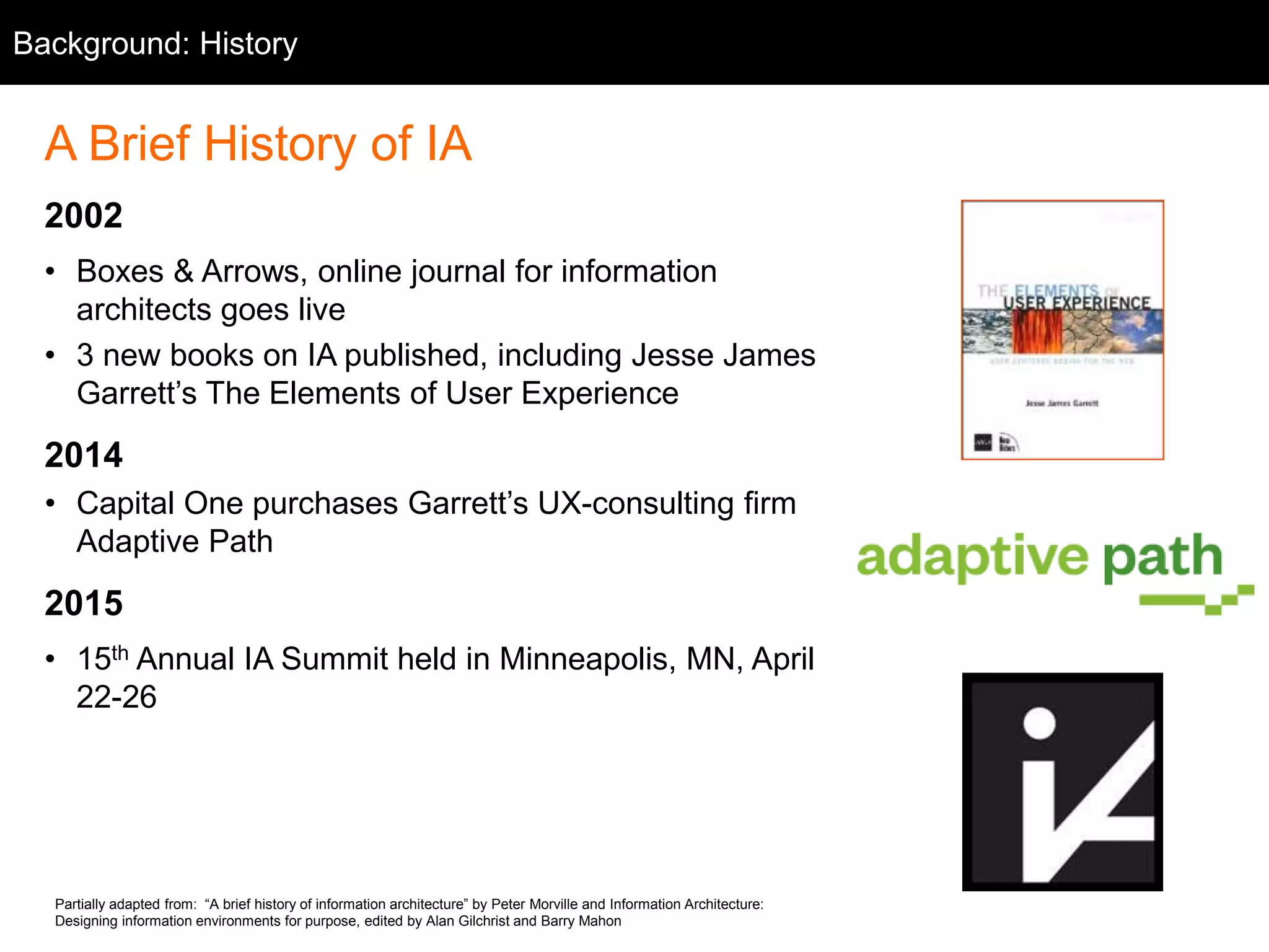 Partially adapted from: “A brief history of information architecture” by Peter Morville and Information Architecture:
Designing information environments for purpose, edited by Alan Gilchrist and Barry Mahon
A Brief History of IA
2002
• Boxes & Arrows, online journal for information
architects goes live
• 3 new books on IA published, including Jesse James
Garrett’s The Elements of User Experience
2014
• Capital One purchases Garrett’s UX-consulting firm
Adaptive Path
2015
• 15th Annual IA Summit held in Minneapolis, MN, April
22-26
Background: History
 