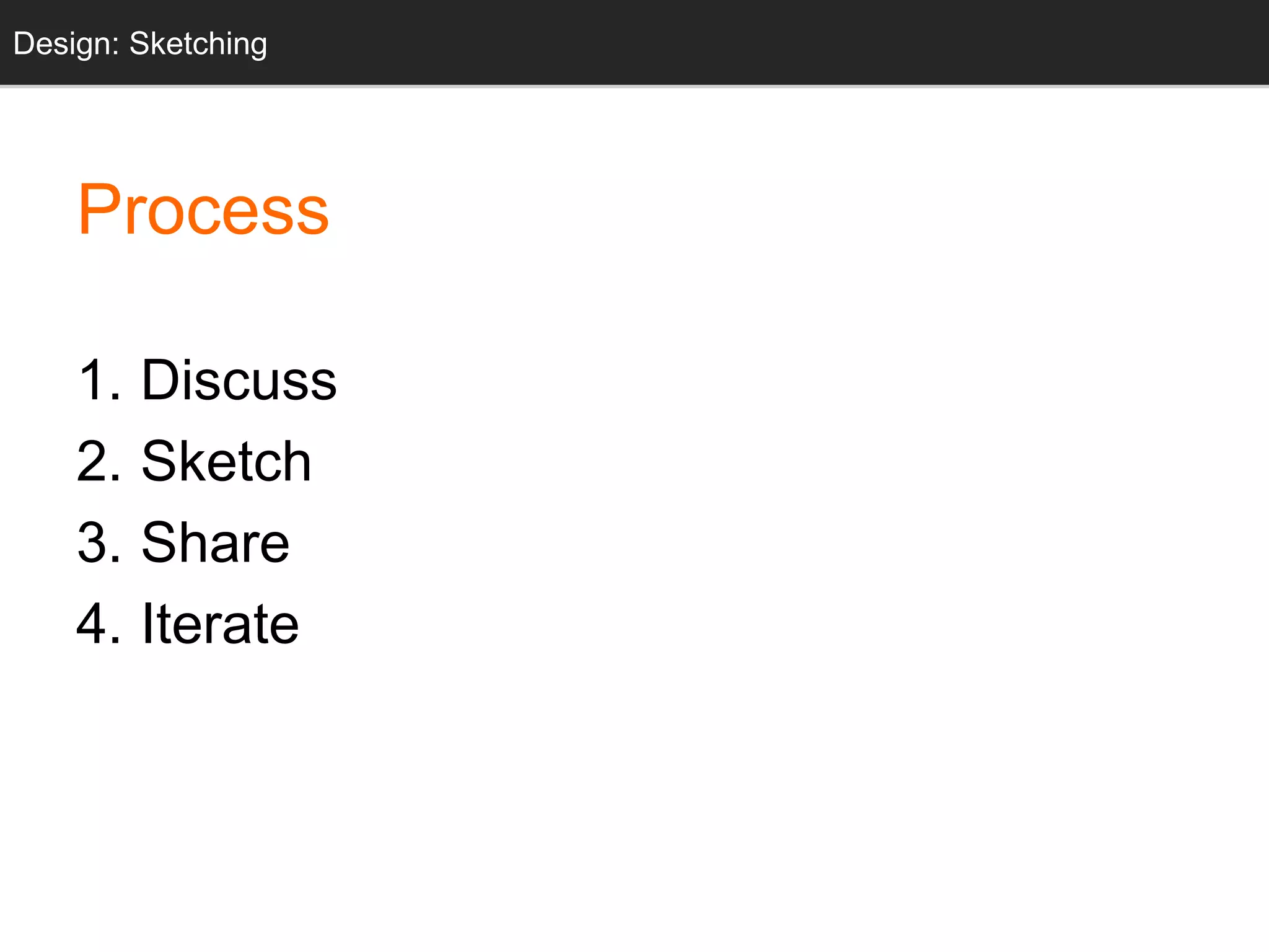 Sketching
Process
1. Discuss
2. Sketch
3. Share
4. Iterate
Design: Sketching
 