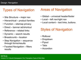 Grids
Types of Navigation
• Site Structure – major nav
• Hierarchical – product families
• Function – sitemap privacy
• Direct – banner ad/shortcut
• Reference – related links
• Dynamic – search results
• Breadcrumb – location
• Step Navigation – sequence
through forms/results
• Faceted Navigation – filters
results
Design: Navigation
Areas of Navigation
• Global – universal header/footer
• Local – left nav/right nav
• Local content – text links, buttons
Styles of Navigation
• Rollover
• Dropdown
• Flyout
• Tabs
• Accordion
Self Study
Adapted from Atsushi Hasegagwa’s The 7 Navigation Types of Web Sites
 