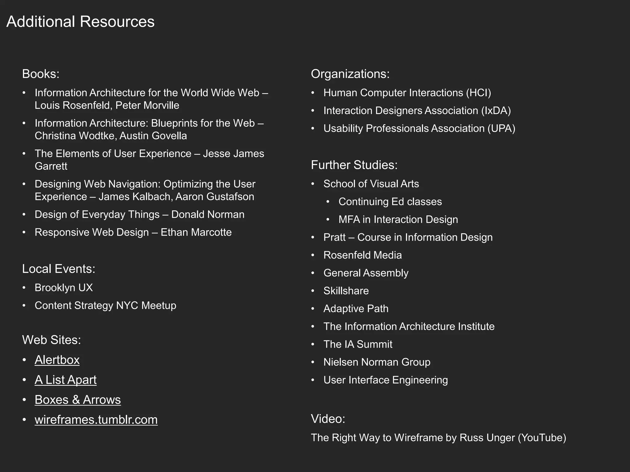 Additional Resources
Books:
• Information Architecture for the World Wide Web –
Louis Rosenfeld, Peter Morville
• Information Architecture: Blueprints for the Web –
Christina Wodtke, Austin Govella
• The Elements of User Experience – Jesse James
Garrett
• Designing Web Navigation: Optimizing the User
Experience – James Kalbach, Aaron Gustafson
• Design of Everyday Things – Donald Norman
• Responsive Web Design – Ethan Marcotte
Local Events:
• Brooklyn UX
• Content Strategy NYC Meetup
Web Sites:
• Alertbox
• A List Apart
• Boxes & Arrows
• wireframes.tumblr.com
Organizations:
• Human Computer Interactions (HCI)
• Interaction Designers Association (IxDA)
• Usability Professionals Association (UPA)
Further Studies:
• School of Visual Arts
• Continuing Ed classes
• MFA in Interaction Design
• Pratt – Course in Information Design
• Rosenfeld Media
• General Assembly
• Skillshare
• Adaptive Path
• The Information Architecture Institute
• The IA Summit
• Nielsen Norman Group
• User Interface Engineering
Video:
The Right Way to Wireframe by Russ Unger (YouTube)
 